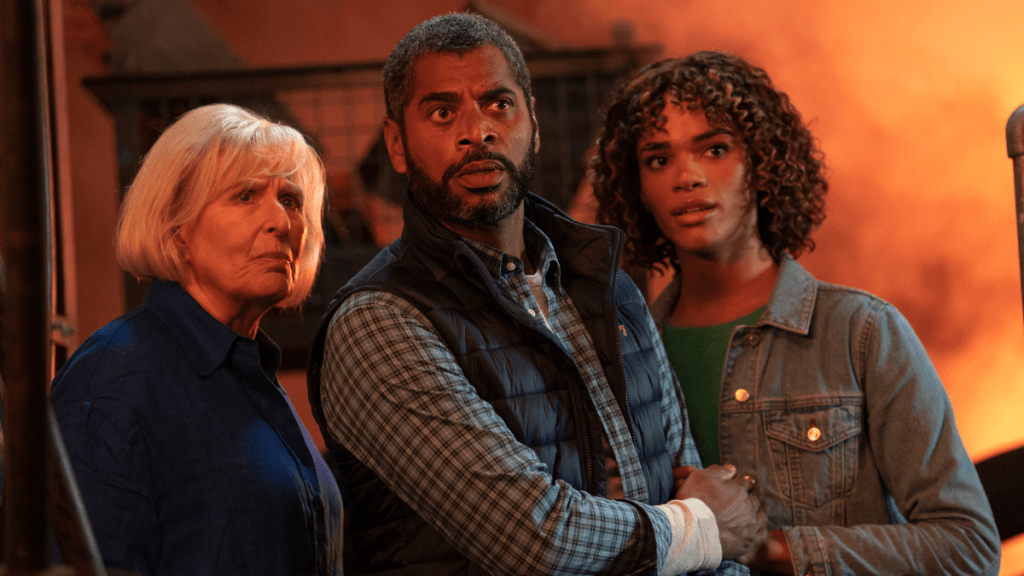 Sylvia (Jacqueline King), Shaun (Karl Collins) and Rose (Yasmin Finney) in the Doctor Who 60th Anniversary specials