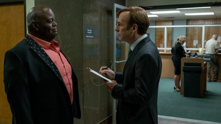 Lavell Crawford as Huell Babineux, Bob Odenkirk as Jimmy McGill, Rhea Seehorn as Kim Wexler - Better Call Saul _ Season 5, Episode 7