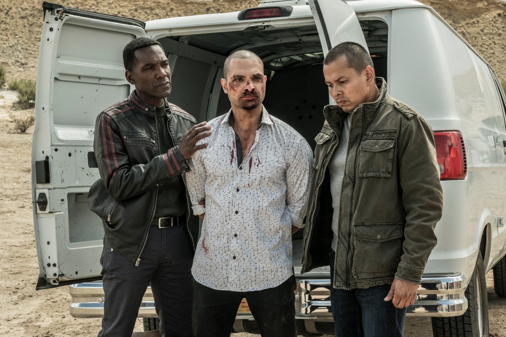 Ray Campbell as Tyrus, Michael Mando as Nacho Varga, Jeremiah Bitsui as Victor - Better Call Saul _ Season 6, Episode 3 - Photo Credit: Greg Lewis/AMC/Sony Pictures Television