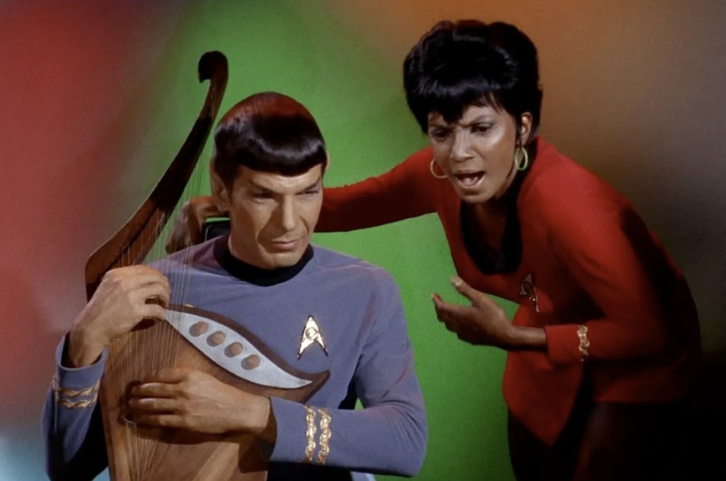 Leonard Nimoy as Spock and Nichelle Nichols as Uhura perform in Star Trek: "Charlie X"