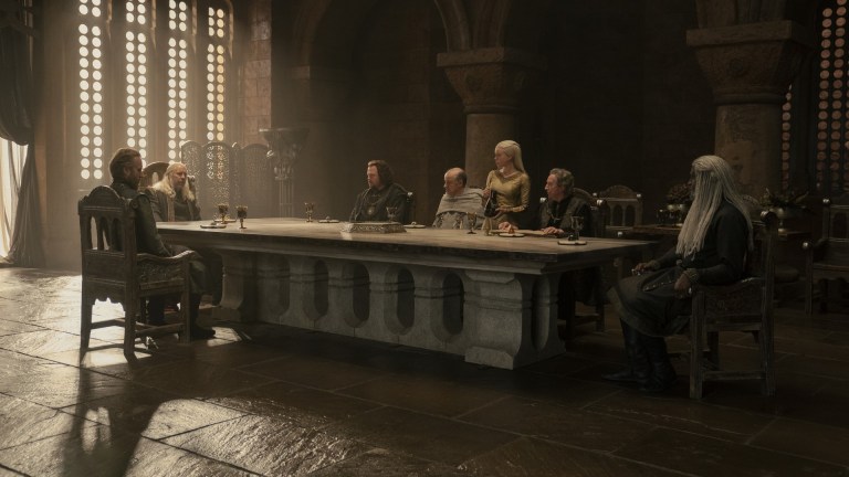Rhys Ifans, Paddy Considine, Gavin Spokes, David Horovitch, Milly Alcock, Bill Paterson, Steve Toussaint make up King Viserys' Small Council in House of the Dragon