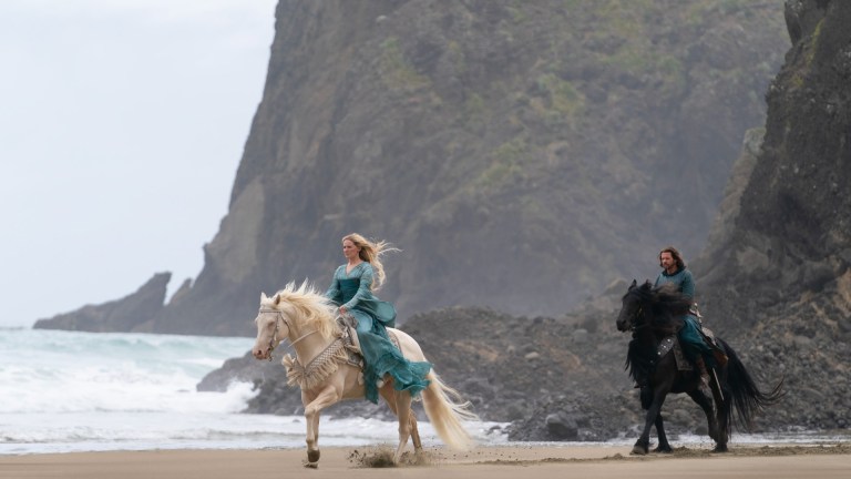Galadriel (Morfyyd Clark) and Elendil (Lloyd Owen) in The Lord of the Rings: The Rings of Power