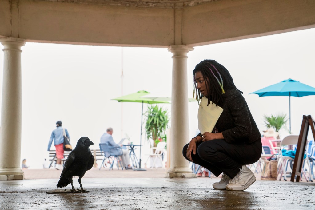 The Sandman. (L to R) Patton Oswalt as Matthew the Raven (voice), Vanesu Samunyai as Rose Walker in episode 108 of The Sandman. Cr. Liam Daniel/Netflix © 2022