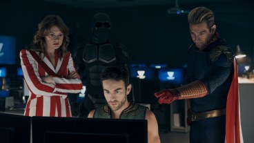 Ashley, Black Noir, The Deep, and Homelander gather around a computer on The Boys season 3