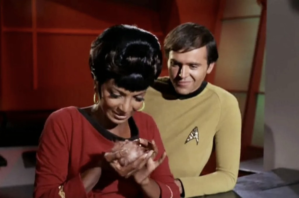 Nichelle Nichols as Uhura and Walter Koenig as Chekhov in Star Trek: The Trouble with Tribbles