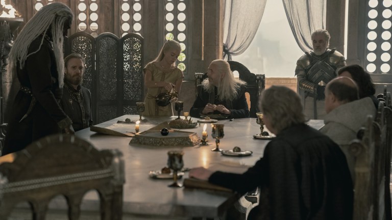 Steve Toussaint, Rhys Ifans, Milly Alcock, and Rhys Ifans on King Viserys' Small Council on House of the Dragon