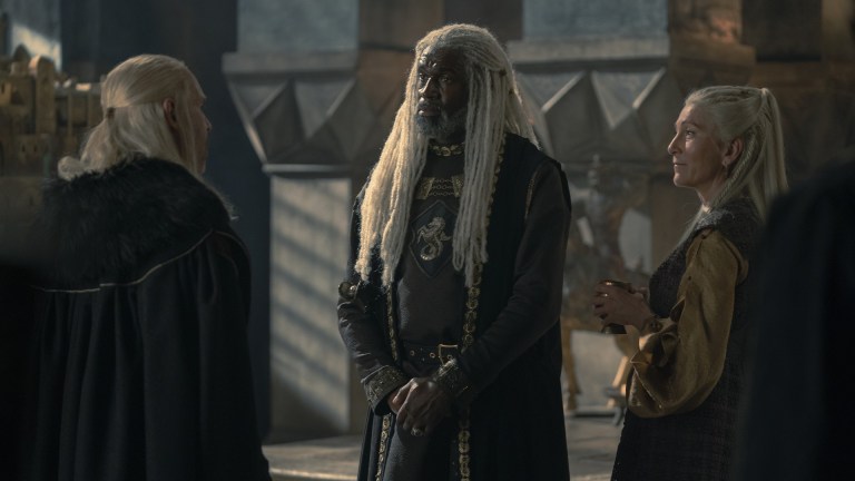 King Viserys (Paddy Considine), Corlys Velaryon (Steve Toussaint), and Rhaenys Targaryen (Eve Best) in House of the Dragon