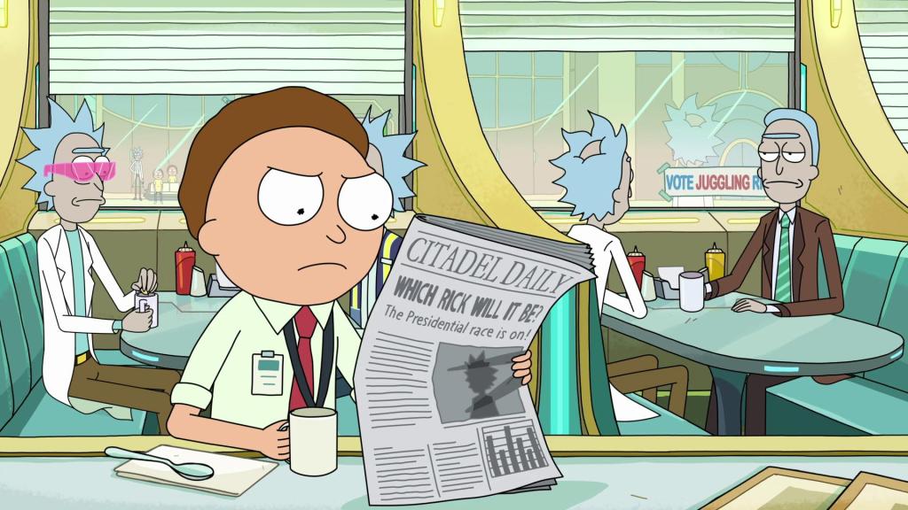 A business Morty reads the newspaper about the latest election at the Citadel.