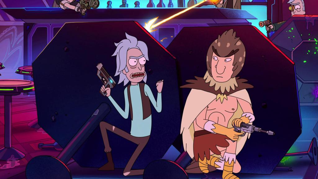 Long-haired Rick and Birdperson do battle in a flashback.