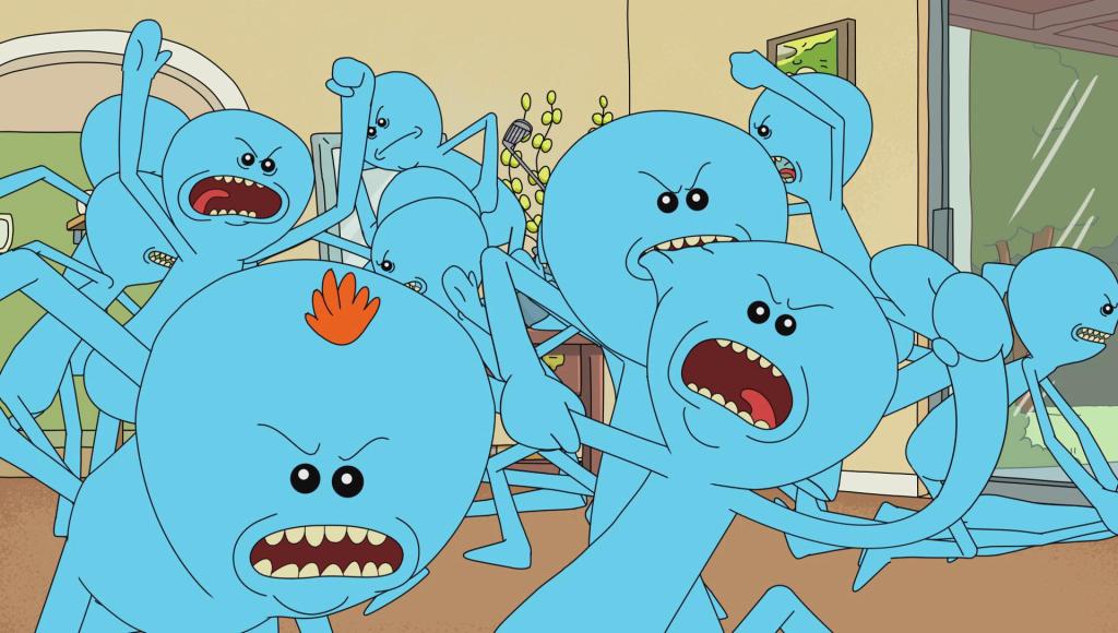 A whole bunch of Mr. Meseeks attacking one another.