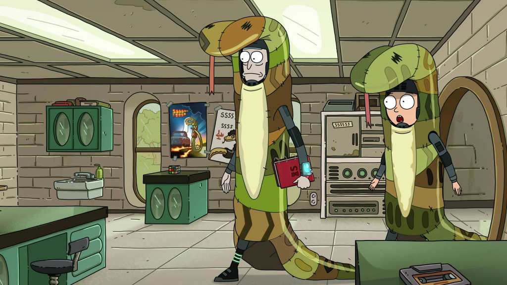 Rick and Morty don crude snake costumes.