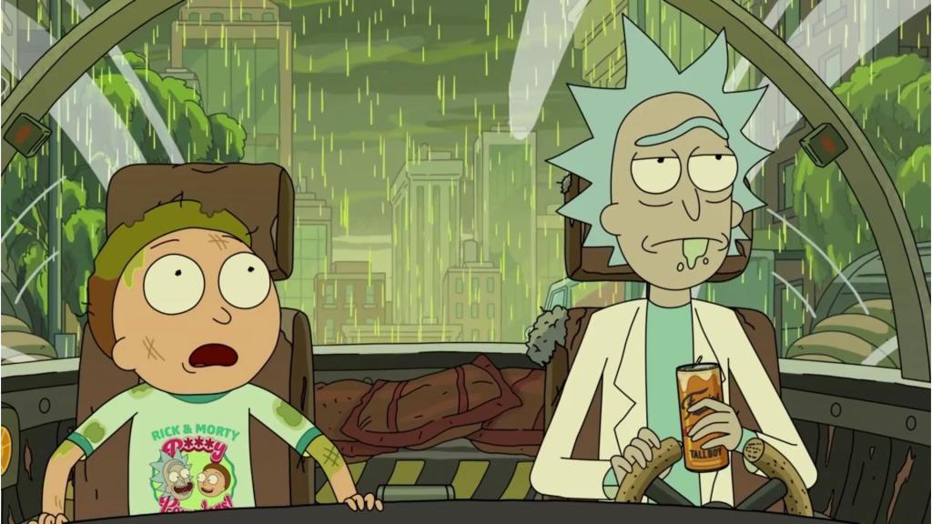 Morty and Rick endure some acid rain in their ship.
