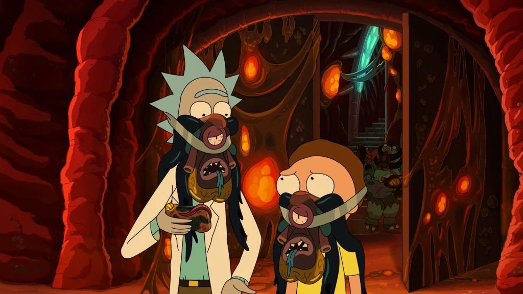 Rick and Morty wear alien gas masks.