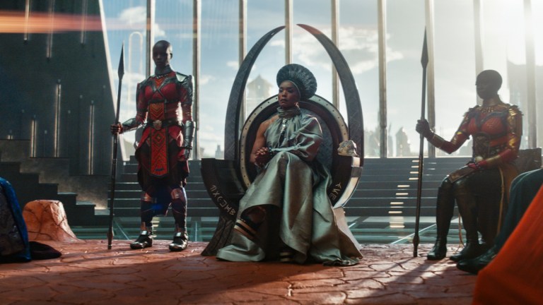 (L-R): Dorothy Steel as Merchant Tribe Elder, Florence Kasumba as Ayo, Angela Bassett as Ramonda, Danai Gurira as Okoye in Marvel Studios' Black Panther: Wakanda Forever