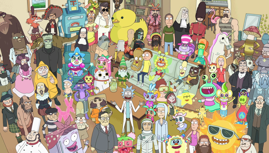 A big "splash page" of kooky characters from Rick and Morty "Total Rickall"