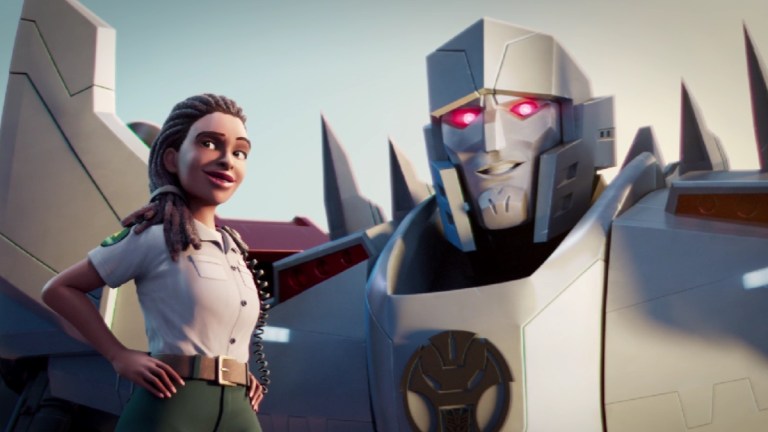 Megatron in Transformers: EarthSpark alongside Dot Malto.