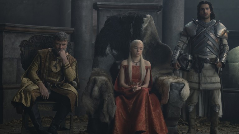 Boremund Baratheon (Julian Jones), Rhaenyra Targaryen (Milly Alcock), and Criston Cole (Fabien Frankel) on House of the Dragon episode 4