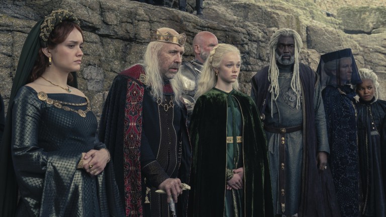 Alicent Hightower (Olivia Cooke), King Viserys (Paddy Considine), Helaena Targaryen (Evie Allen), Corlys Velaryon (Steve Toussaint), Rhaenys Targaryen (Eve Best), and Baela Targaryen (Shani Smethurst) at a funeral in House of the Dragon