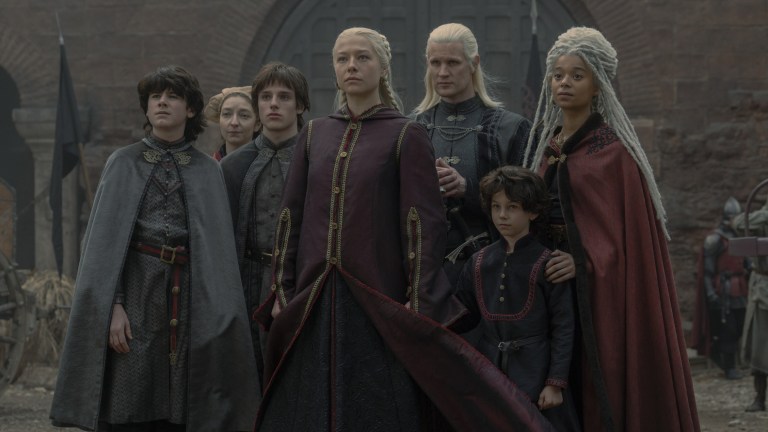 Prince Lucerys “Luke” Velaryon (Elliot Grihault), Prince Jacaerys 'Jace' Velaryon (Henry Collett), Princess Rhaenyra Targaryen (Emma D’Arcy), Prince Daemon Targaryen (Matt Smith), and Lady Rhaena Targaryen (Phoebe Campbell) arrive at King’s Landing.