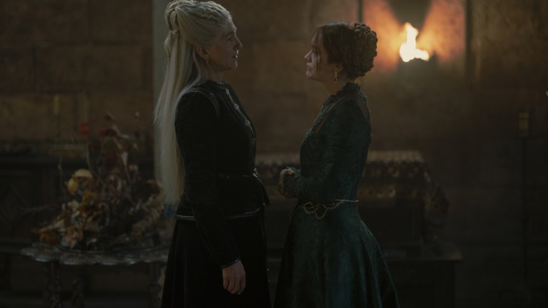 Princess Rhaenys Targaryen (Eve Best) converses with Queen Alicent Hightower (Olivia Cooke) on House of the Dragon