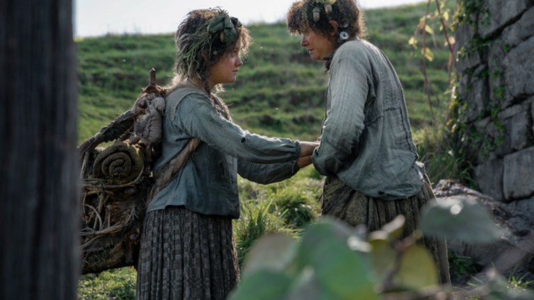 Nori Brandyfoot (Markella Kavenagh) bids farewell to her Harfoot friend Poppy Proudfellow (Megan Richards)