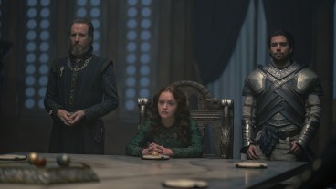 Otto Hightower (Rhys Ifans), Alicent Hightower (Olivia Cooke), and Criston Cole (Fabian Frankel) in House of the Dragon episode 9