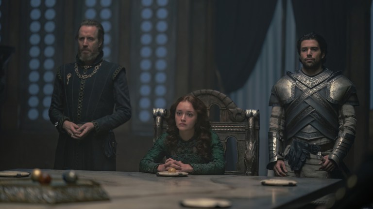 Otto Hightower (Rhys Ifans), Alicent Hightower (Olivia Cooke), and Criston Cole (Fabian Frankel) in House of the Dragon episode 9