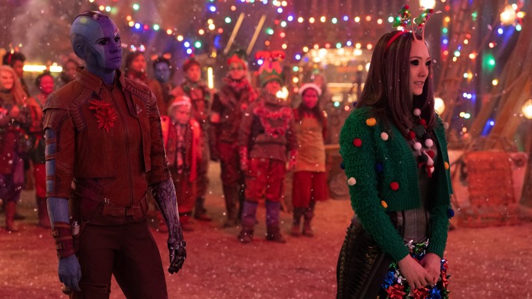 Karen Gillan as Nebula and Pom Klementieff as Mantis in Marvel Studios' The Guardians of the Galaxy: Holiday Special