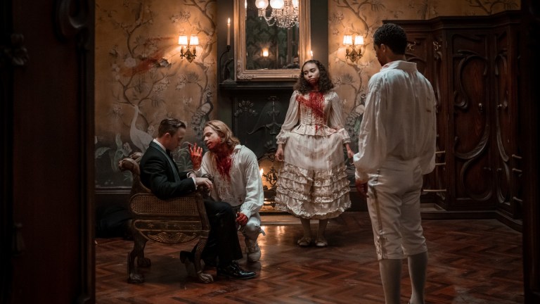 Sam Reid as Lestat De Lioncourt, Russell Dennis Lewis as Mark McPhail, Bailey Bass as Claudia and Jacob Anderson as Louis De Point Du Lac - Interview with the Vampire _ Season 1, Episode 7