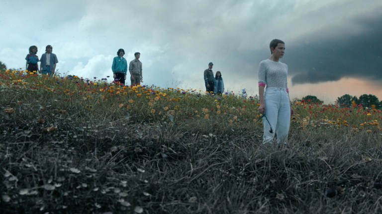 STRANGER THINGS. (L to R) Natalia Dyer as Nancy Wheeler, Charlie Heaton as Jonathan Byers, Finn Wolfhard as Mike Wheeler, Noah Schnapp as Will Byers, David Harbour as Jim Hopper, Winona Ryder as Joyce Byers, and Millie Bobby Brown as Eleven all stand in a field overlooking Hawkins in the season 4 part 2 finale