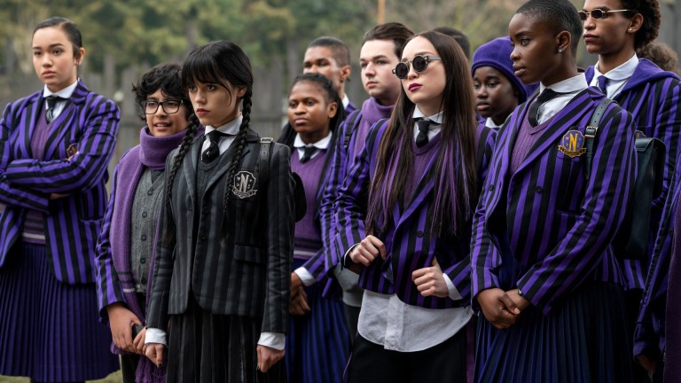 (L to R) Moosa Mostafa as Eugene Otinger, Jenna Ortega as Wednesday Addams, Naomi j Ogawa as Yoko Tanaka, Joy Sunday as Bianca Barclay in episode 103 of Wednesday