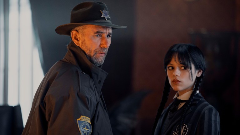 Wednesday. (L to R) Jamie McShane as Sherrif Donovan Galpin, Jenna Ortega as Wednesday Addams in episode 102 of Wednesday.