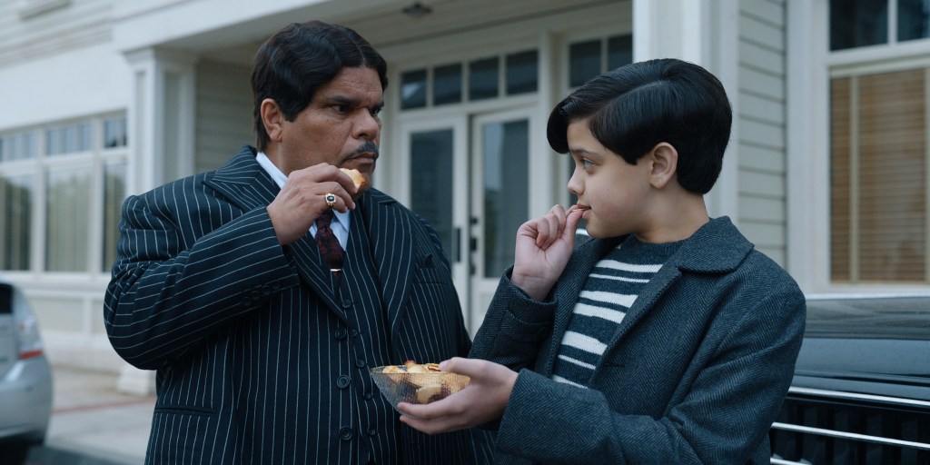 Wednesday. (L to R) Luis Guzma?n as Gomez Addams, Issac Ordonez as Pugsley Addams in episode 105 of Wednesday. Cr. Courtesy of Netflix © 2022