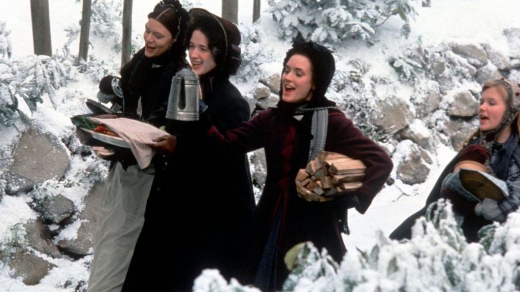Winona Ryder, Kirsten Dunst and Claire Danes singing in Little Women snow
