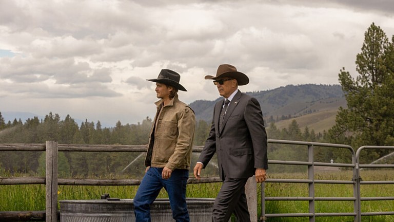 Kayce Dutton (Luke Grimes) and John Dutton (Kevin Costner) on Yellowstone season 5