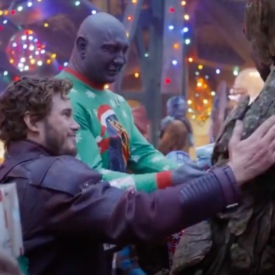 Chris Pratt as Star-Lord, Dave Bautista as Drax, and Groot in Marvel's The Guardians of the Galaxy Holiday Special