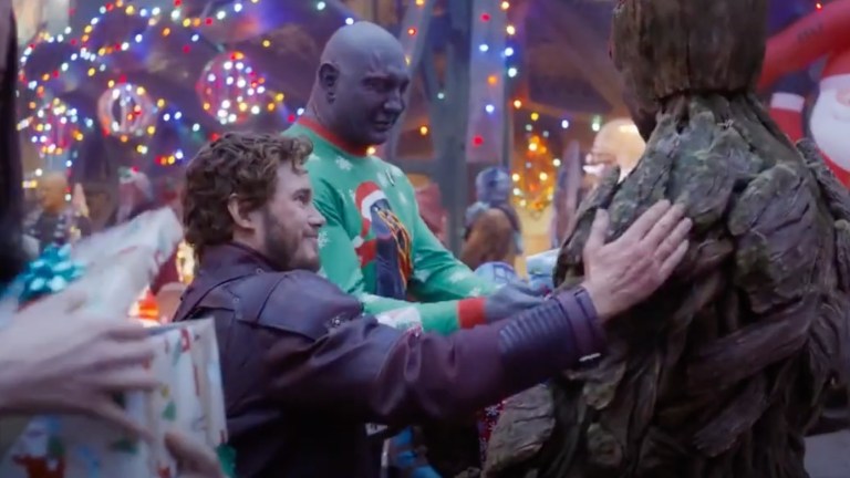 Chris Pratt as Star-Lord, Dave Bautista as Drax, and Groot in Marvel's The Guardians of the Galaxy Holiday Special
