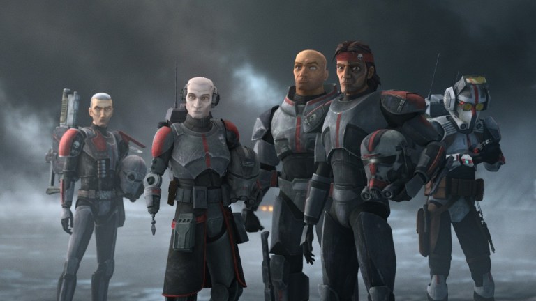 L-R): Crosshair, Echo, Wrecker, Hunter and Tech in a scene from "STAR WARS: THE BAD BATCH", exclusively on Disney+.