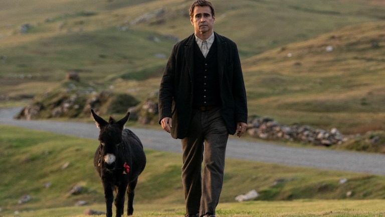 Colin Farrell and donkey in Ireland of Banshees of Inisherin
