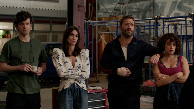 (L to R) Peter Mark Kendall as Stan Loomis, Paz Vega as Ava Mercer, Jai Courtney as Bob Goodwin, Rosaline Elbay as Judy Goodwin in episode “Blue” of Kaleidoscope.