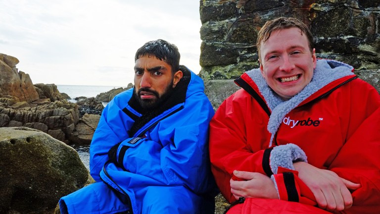 Mawaan Rizwan and Joe Lycett wearing Dry Robes in Dublin for Channel 4 series Travel Man