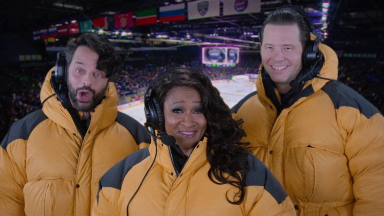 Nick Kroll, Wanda Sykes, and Ike Barinholtz in an ice rink in History of the World Part II