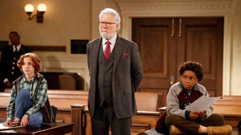 NIGHT COURT -- “Justice Buddies” Episode 106 -- Pictured: (l-r) Kayden Koshelev as Max, John Larroquette as Dan Fielding, JeCobi Swain as Xavier