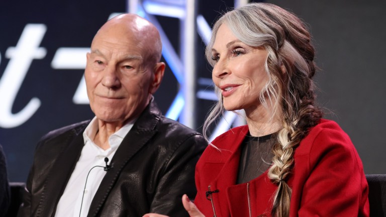 PASADENA, CALIFORNIA - JANUARY 09: Patrick Stewart (L) and Gates McFadden speak on stage during TCA Paramount+ “Star Trek: Picard” Panel at The Langham Huntington, Pasadena on January 09, 2023 in Pasadena, California.