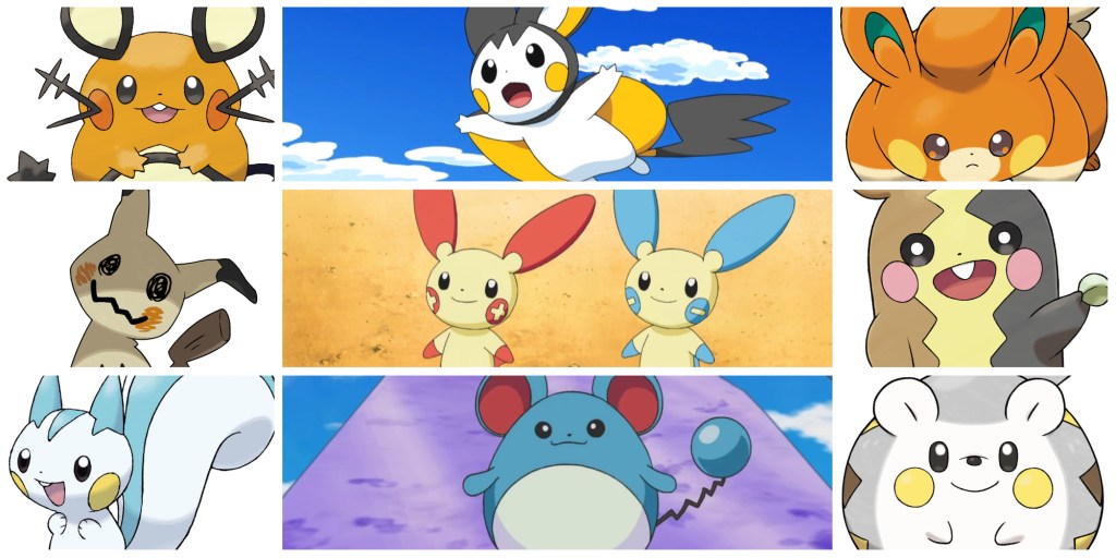 Clockwise from left: Dedenne, Emolga, Pawmi, Mimikyu, Plusle, Minum, Morpeko, Pachirisu, Marill, Togedemaru | The Pokémon Company