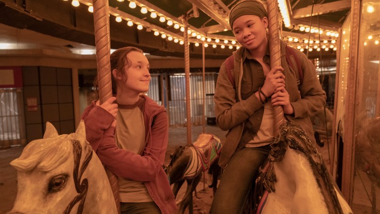 Ellie (Bella Ramsey) and Riley (Storm Reid) ride a carousel in an abandoned mall