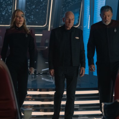 Jeri Ryan as Seven, Patrick Stewart as Picard, and Jonathan Frakes as Riker of the Paramount+ original series STAR TREK: PICARD