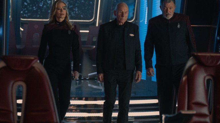 Jeri Ryan as Seven, Patrick Stewart as Picard, and Jonathan Frakes as Riker of the Paramount+ original series STAR TREK: PICARD