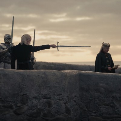 Daemon Targaryen (Matt Smith), Rhaenyra Targaryen (Emma D'Arcy), and Otto Hightower (Rhys Ifans) in the House of the Dragon season 1 finale.