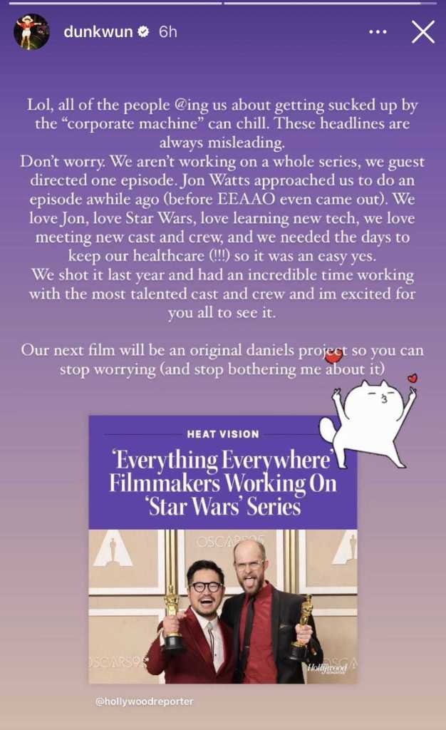 A screenshot from Daniel Kwan's Instagram Story about directing an episode of Star Wars
